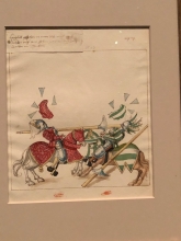 Joust of war between "Freydal" and Sigmund von Welsberg - demonstrating how mechanical breastplates ejected their targets when struck (Maximilian's handwritten editorial notes, upper L)